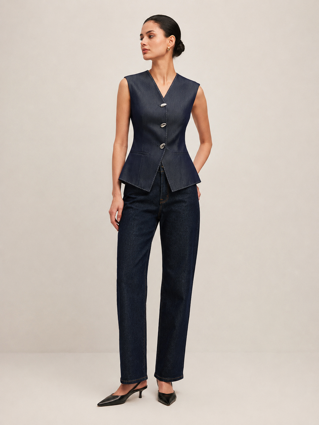 Midnight navy sleeveless gilet close-up