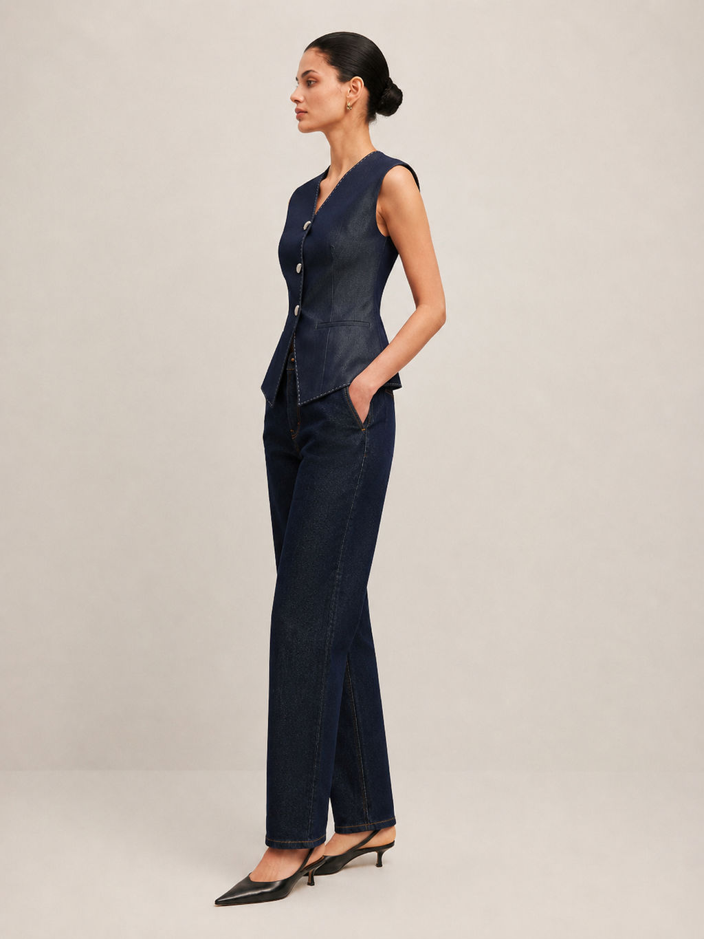 Navy gilet with contrast stitching detail