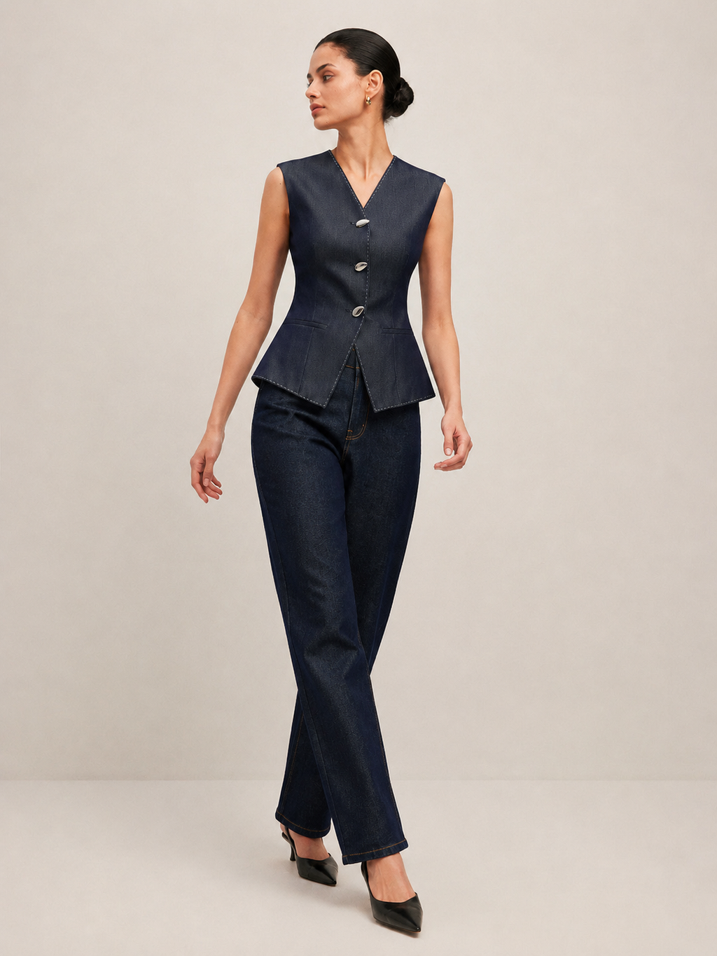 Navy gilet full outfit styling