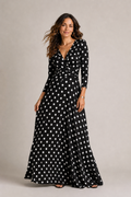 Black polka dot maxi dress front view