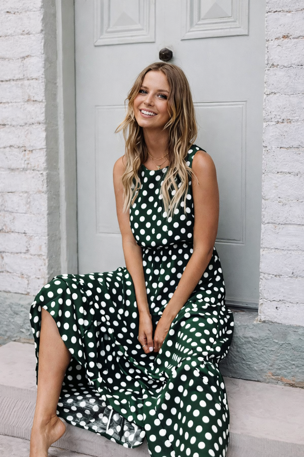 Polka dot midi dress front view