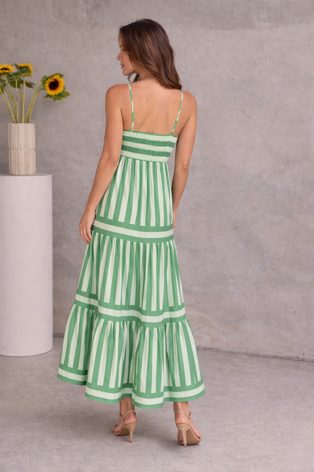 Striped maxi dress worn outdoors