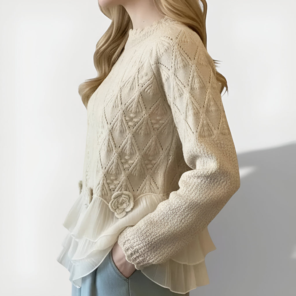 Beige textured ruffle jumper styled look