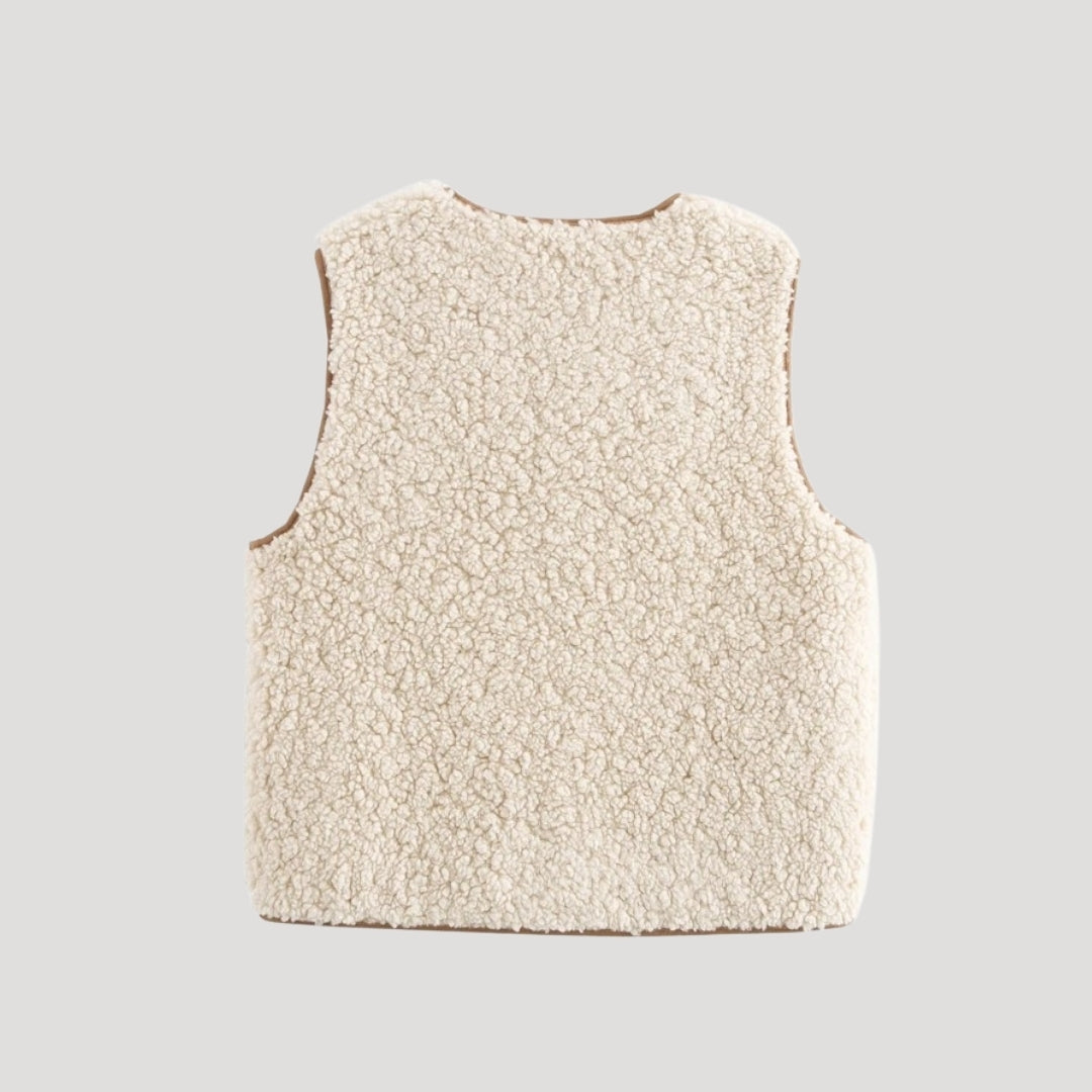 Beige tie-front vest side view