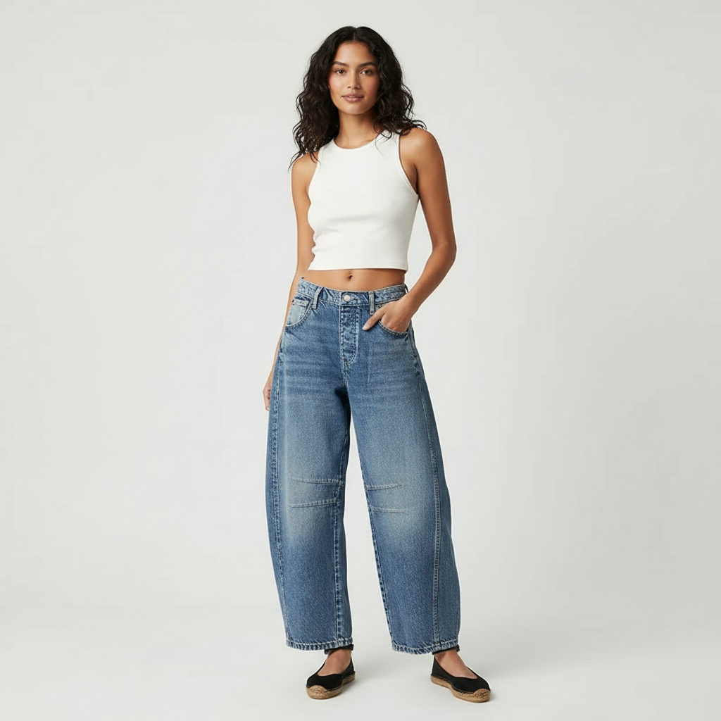 Women's baggy jeans studio shot