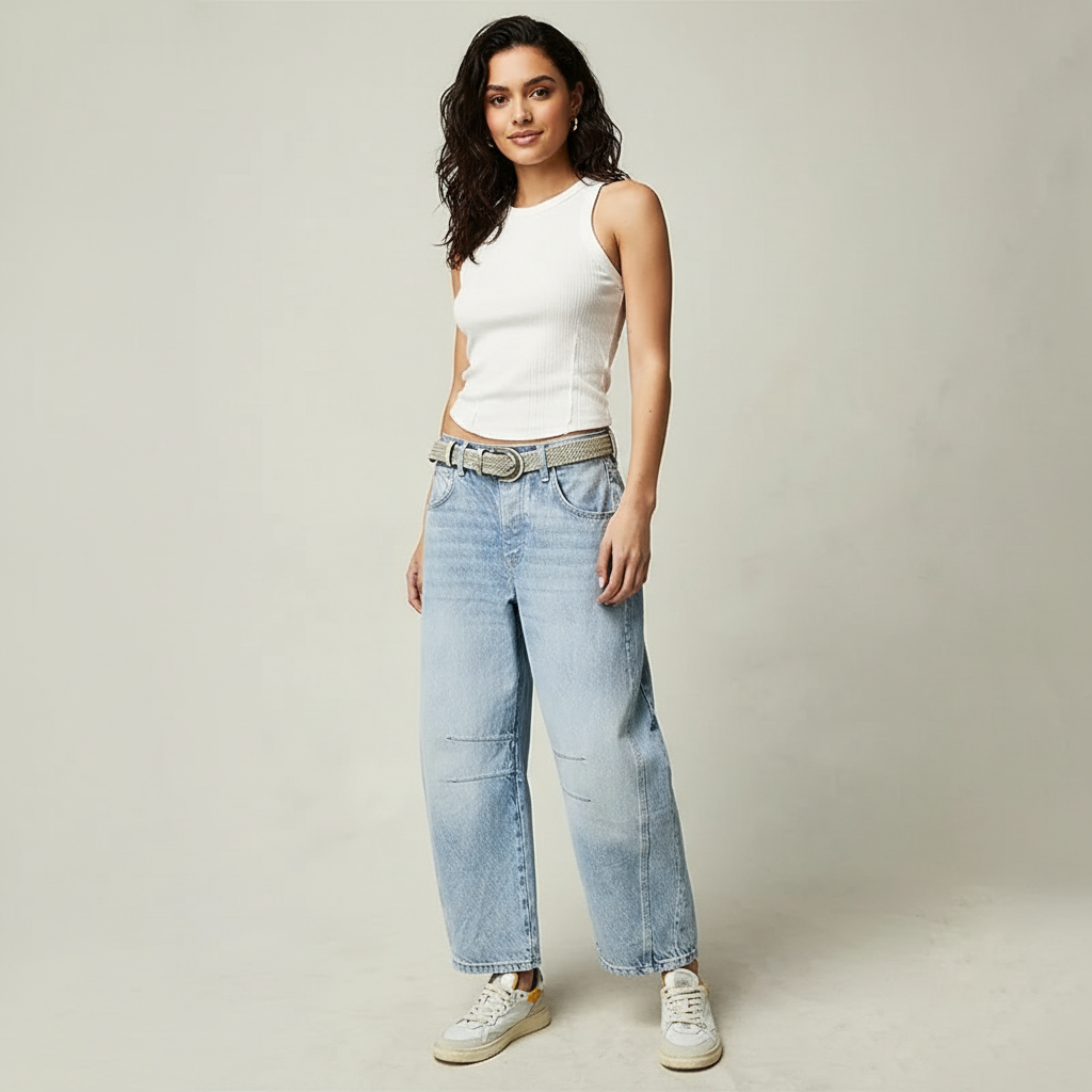 Women's baggy jeans on model walking