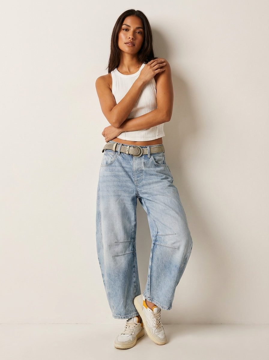 Women's baggy jeans flat lay