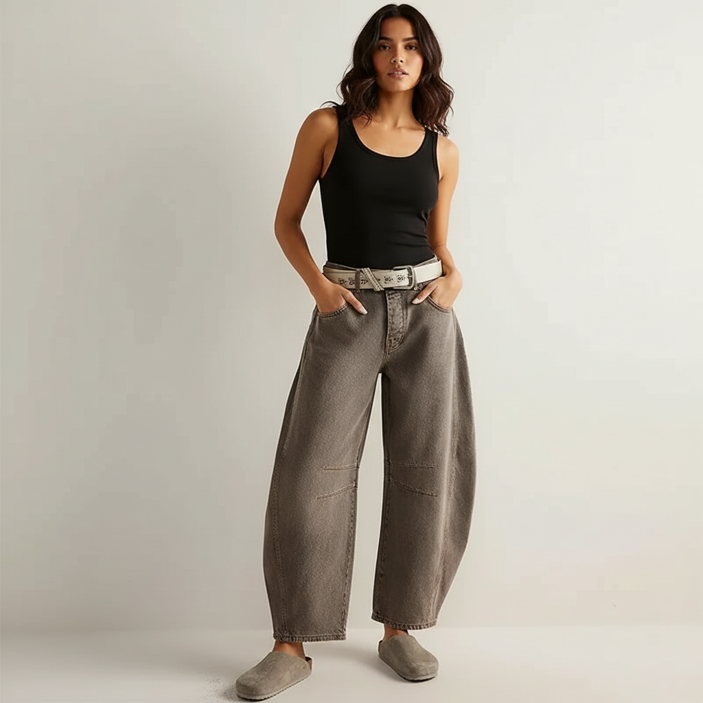 Women's baggy jeans worn with top