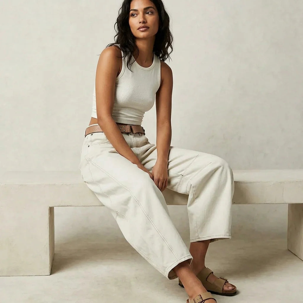 Women's baggy jeans full length view