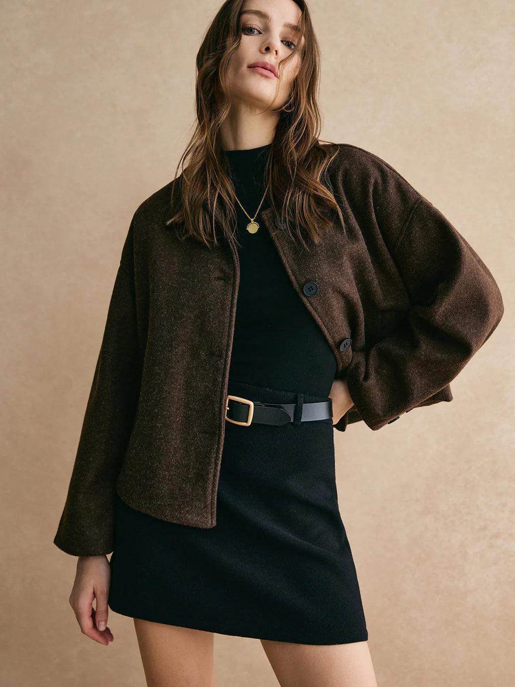 Dark brown boxy fit blazer side view