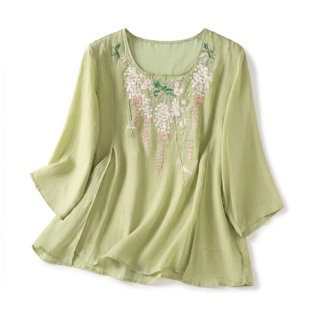 Embroidered top styled with jeans