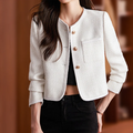 Short blazer with button front, styled front view