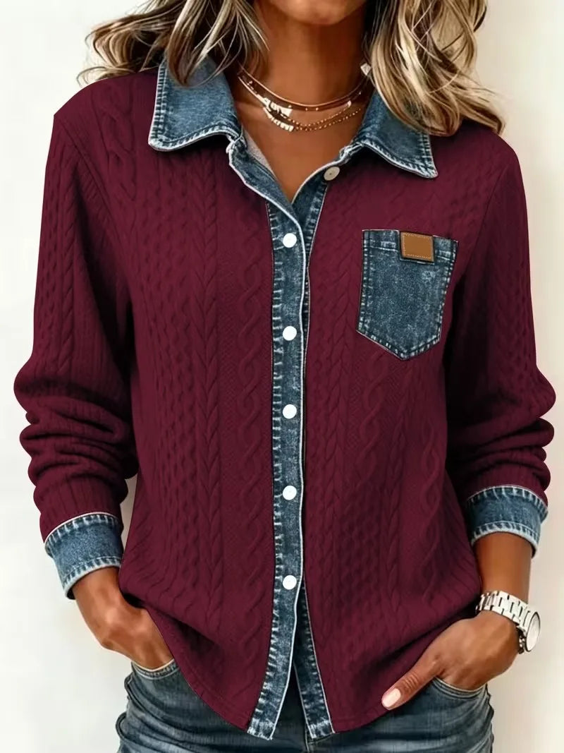 Model wearing cable knit cardigan