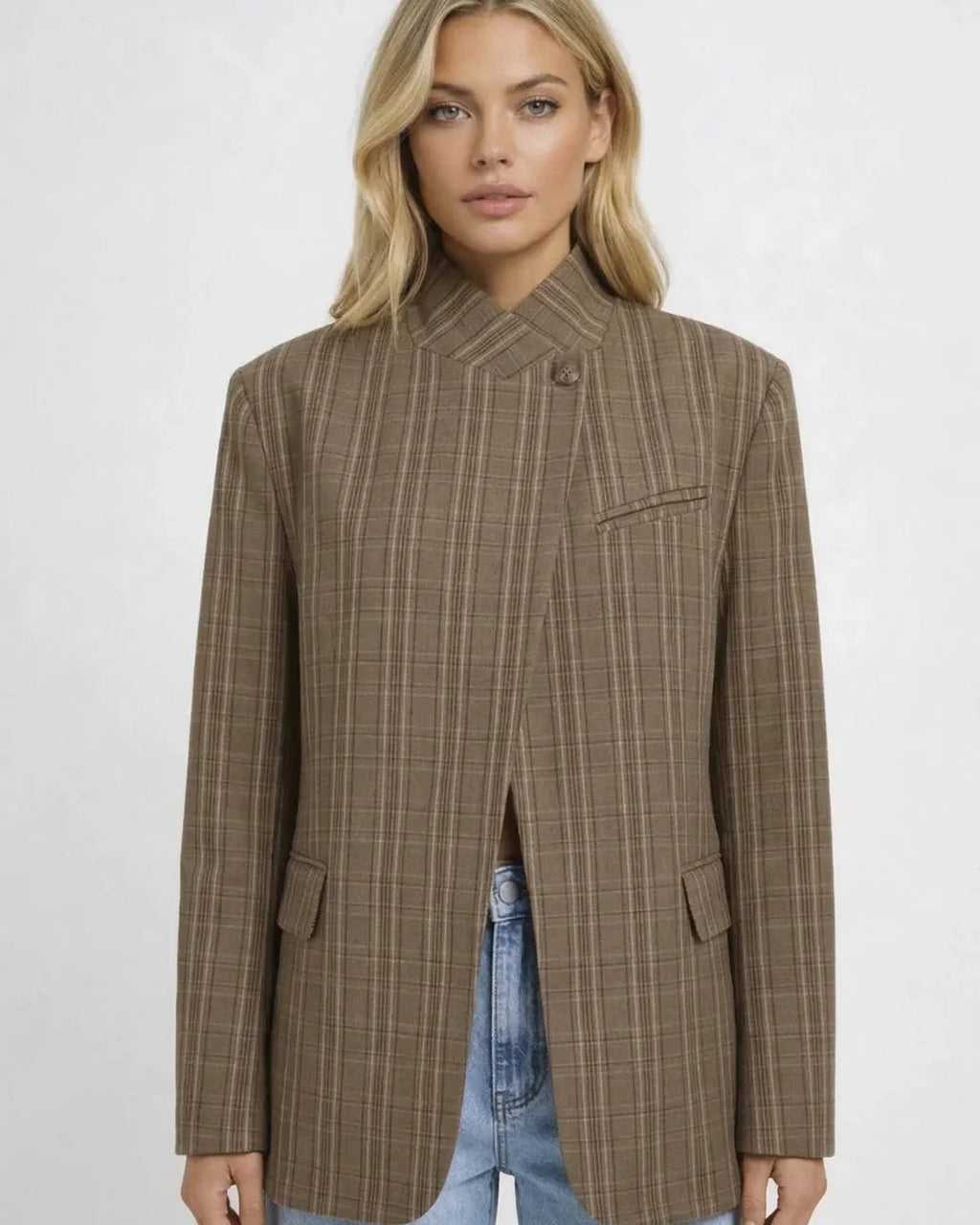 Taupe checked tailored blazer with stand collar, front view