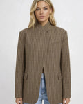 Taupe checked tailored blazer with stand collar, front view