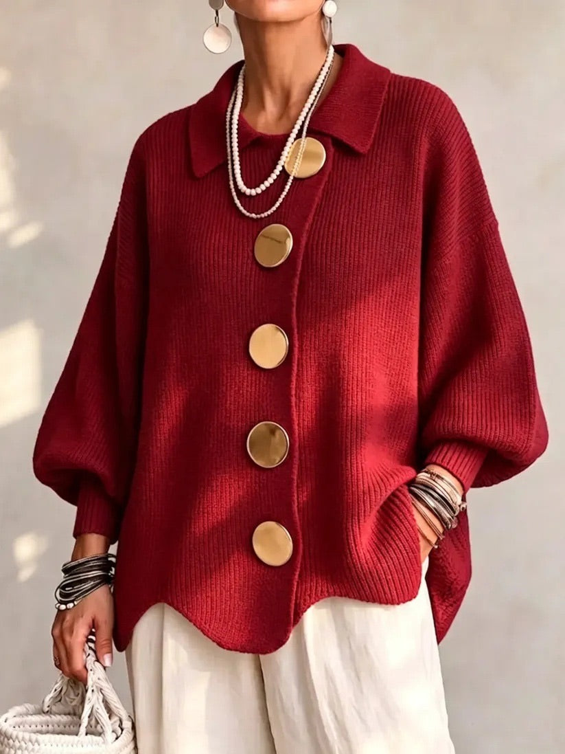Cardigan styled with wide-leg trousers