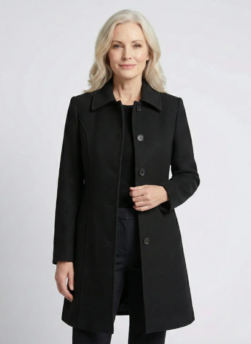 Close-up of coat button closure and collar