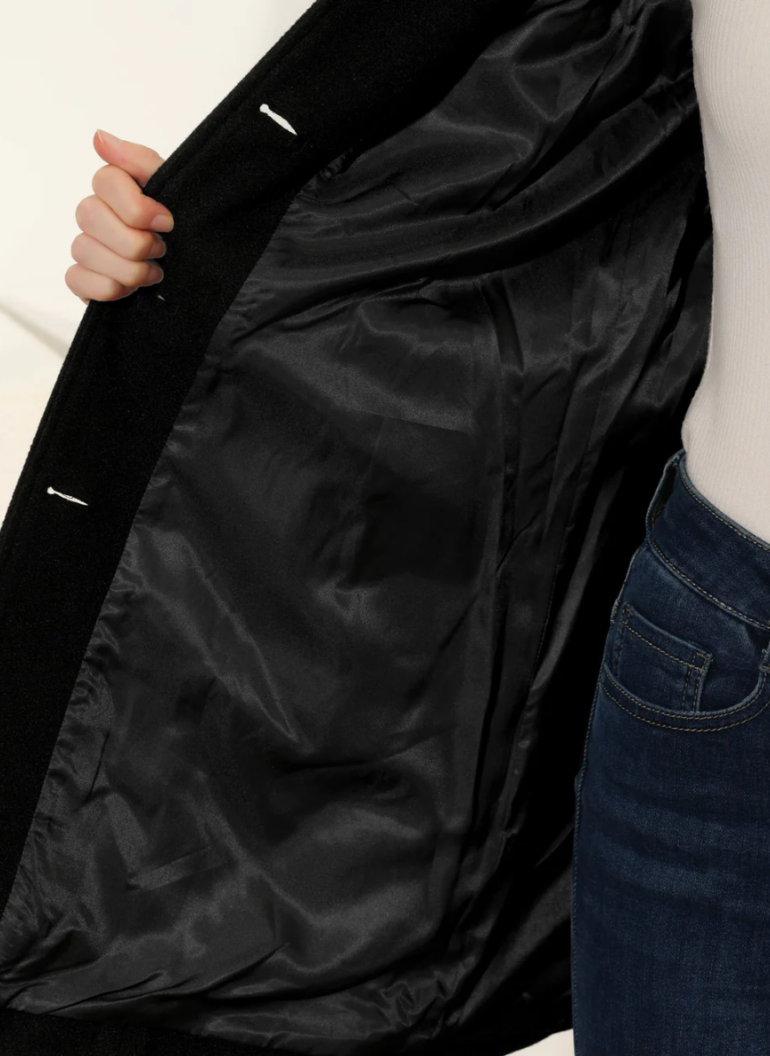 Side view of a fitted flared coat