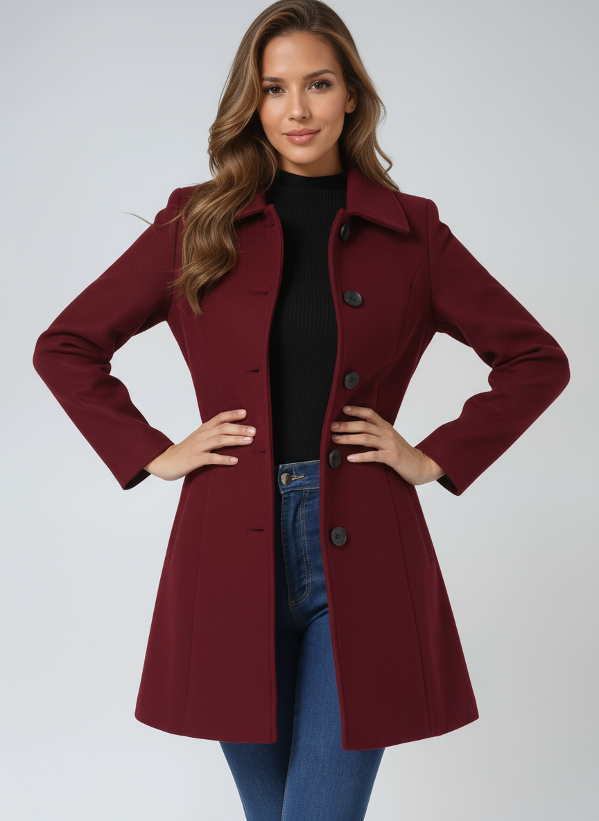 Coat shown in burgundy colour