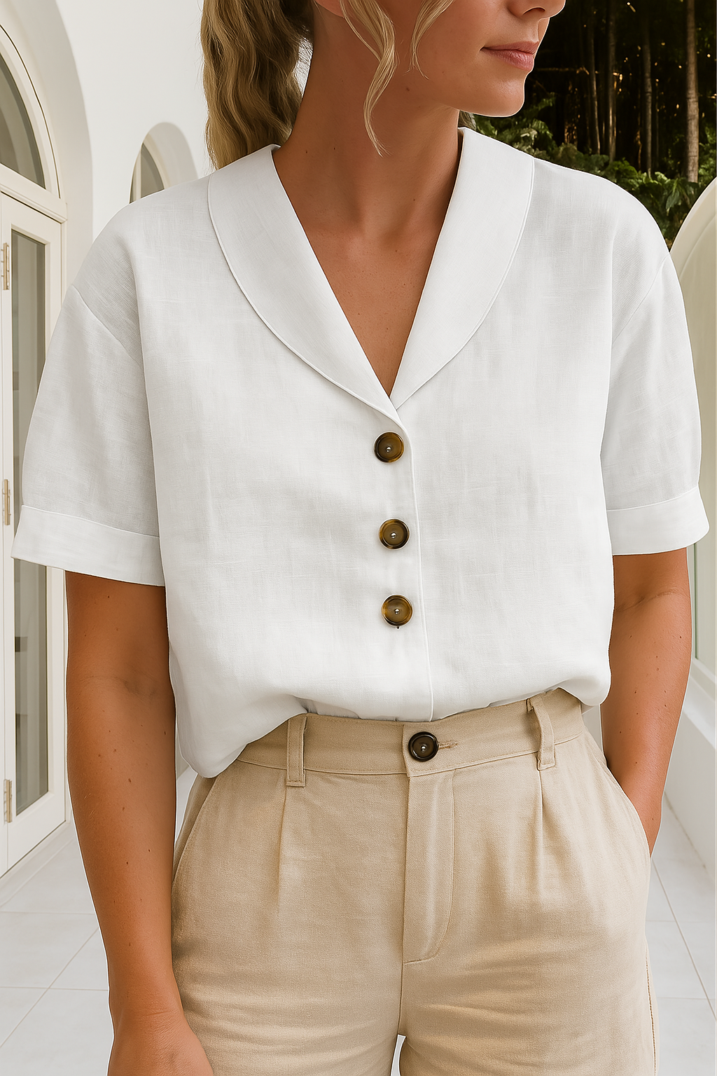 White cotton linen blouse front view