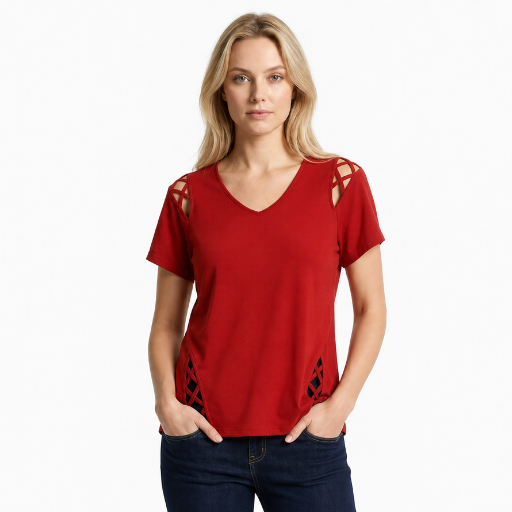 Front view of a soft cutout detail top