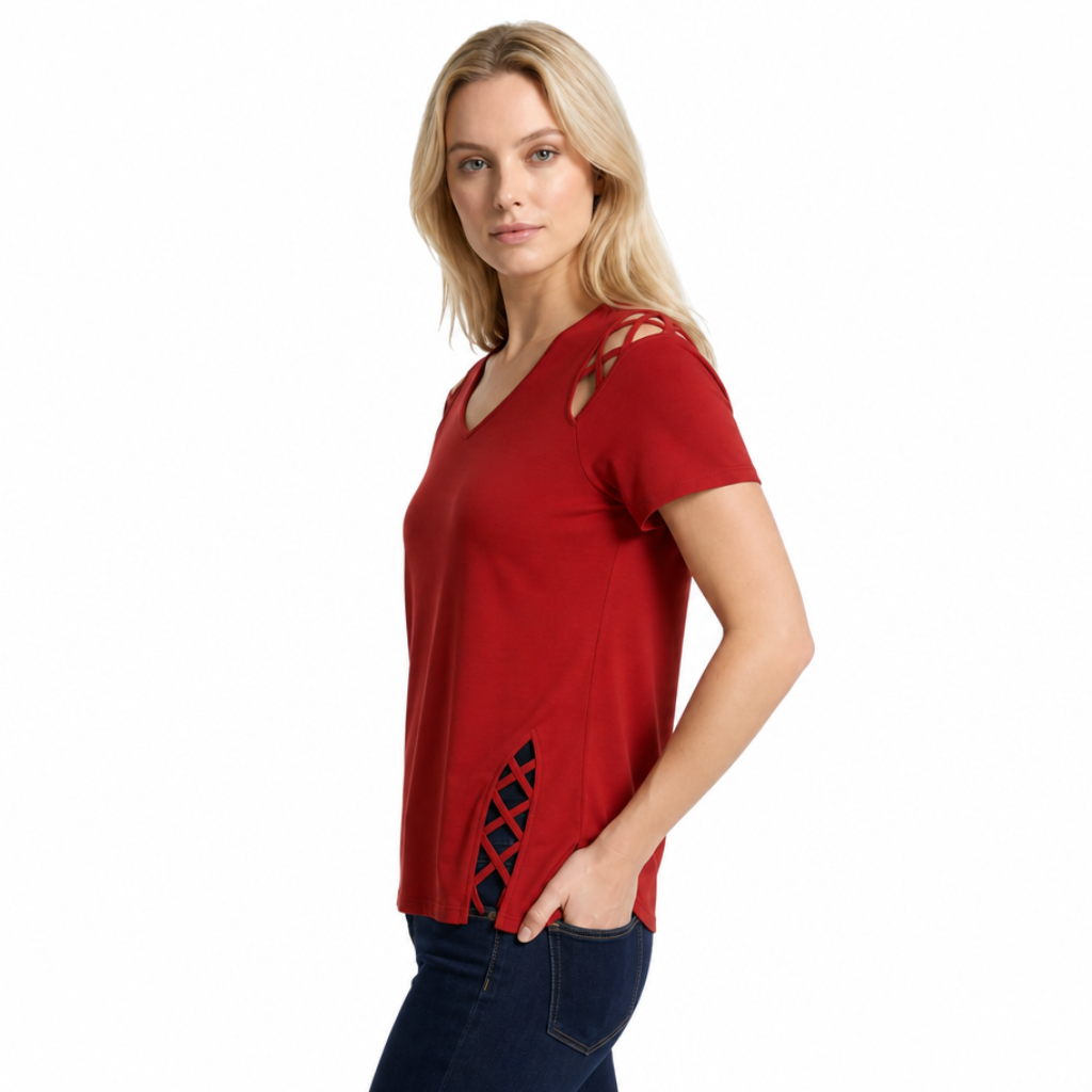 Back view of a soft cutout detail top
