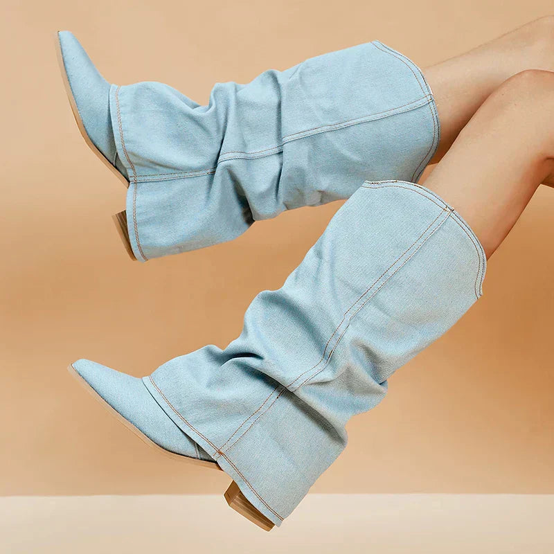Denim block heel ankle boots front view