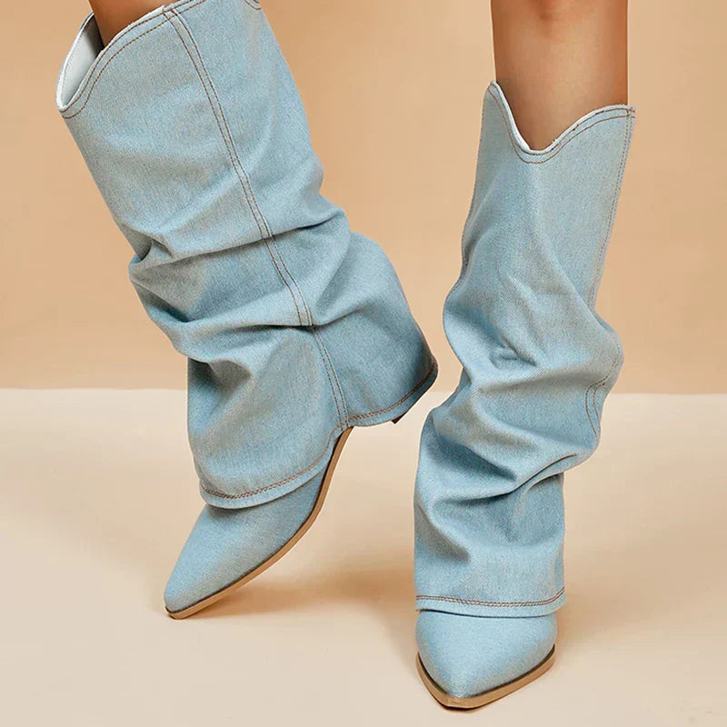 Denim boots styled with denim outfit