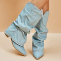 Denim ankle boots worn with dress