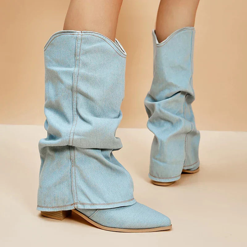 Denim boots paired with blazer look