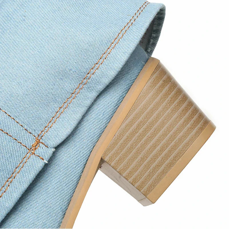 Denim ankle boots on model walking