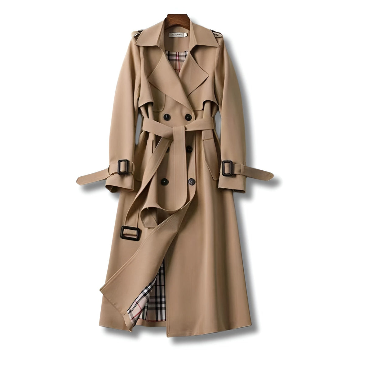 Long belted trench coat front view