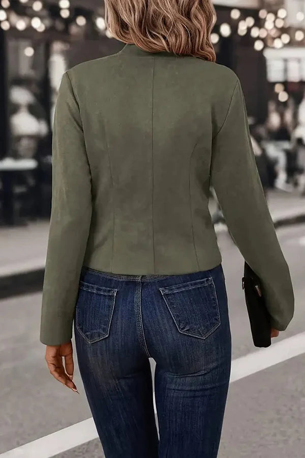 Double-breasted blazer front view with stand collar