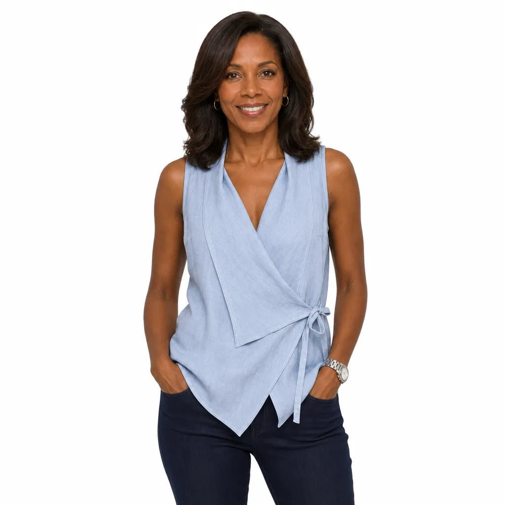 Close-up of crossover V-neckline blouse