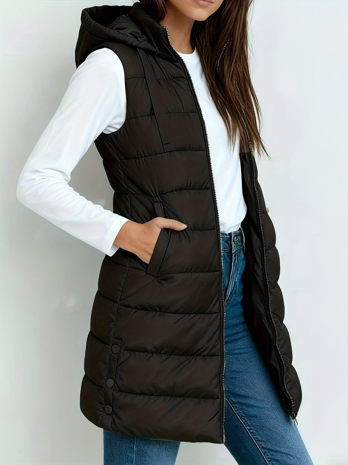 Women's quilted long gilet front view