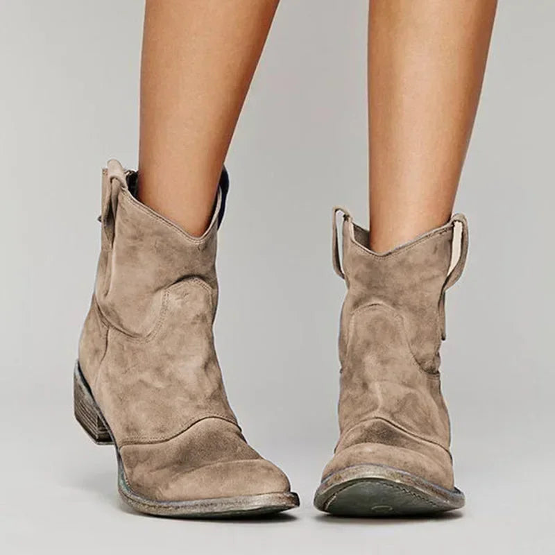 Front view of embroidered western ankle boot