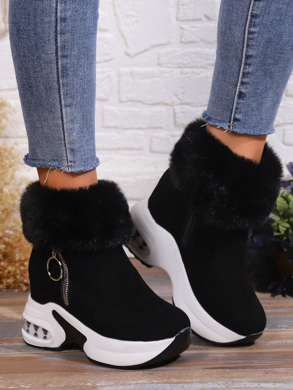 Black faux fur trim platform boots front view