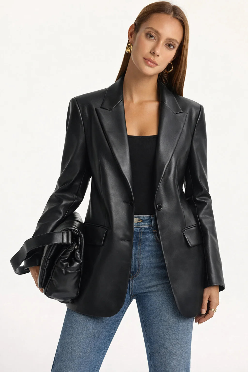 Black faux leather tailored blazer front view