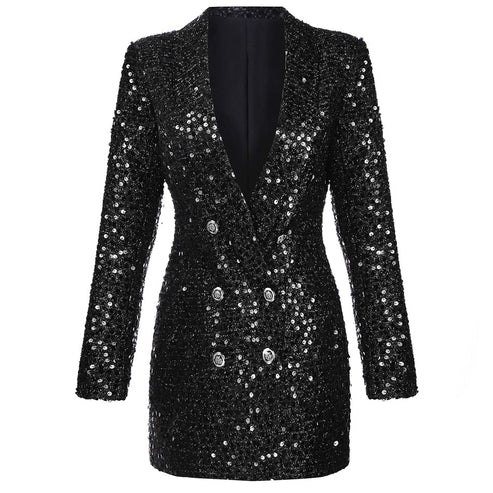 Black glossy blazer dress side view