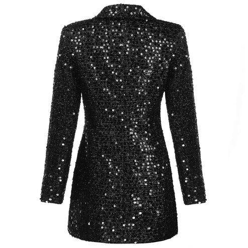 Black glossy blazer dress detail view