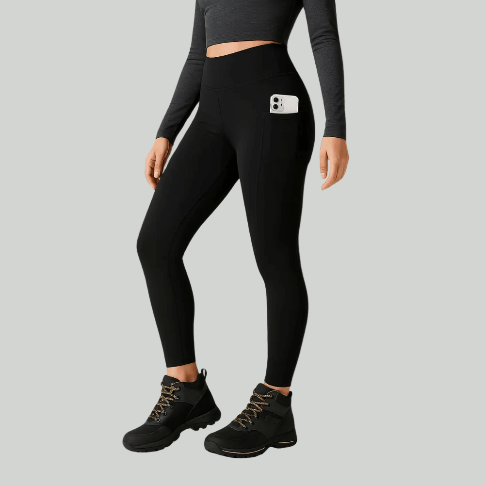 Woman wearing high-waisted stretch outdoor leggings front view
