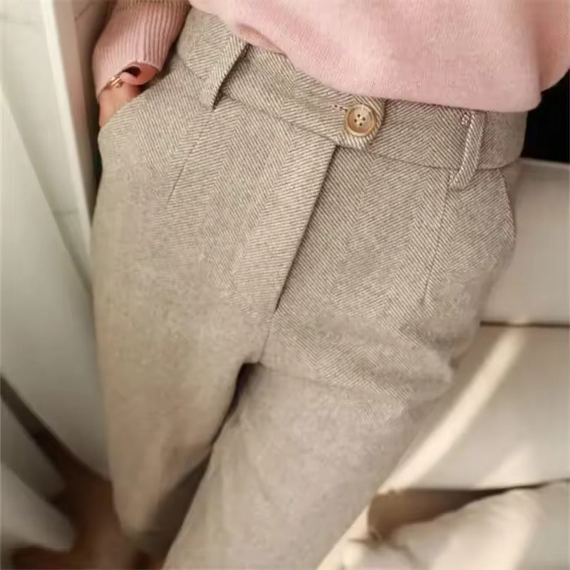 High-waist wool trousers side view