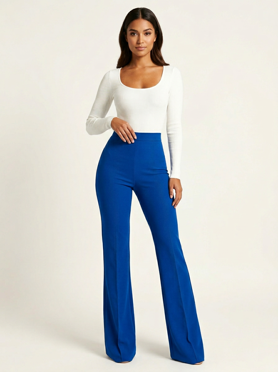 Women's high-waisted flared trousers on model