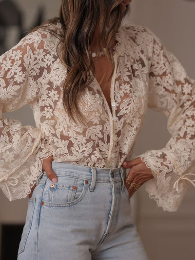 Beige lace trim blouse front view