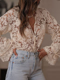 Beige lace trim blouse front view