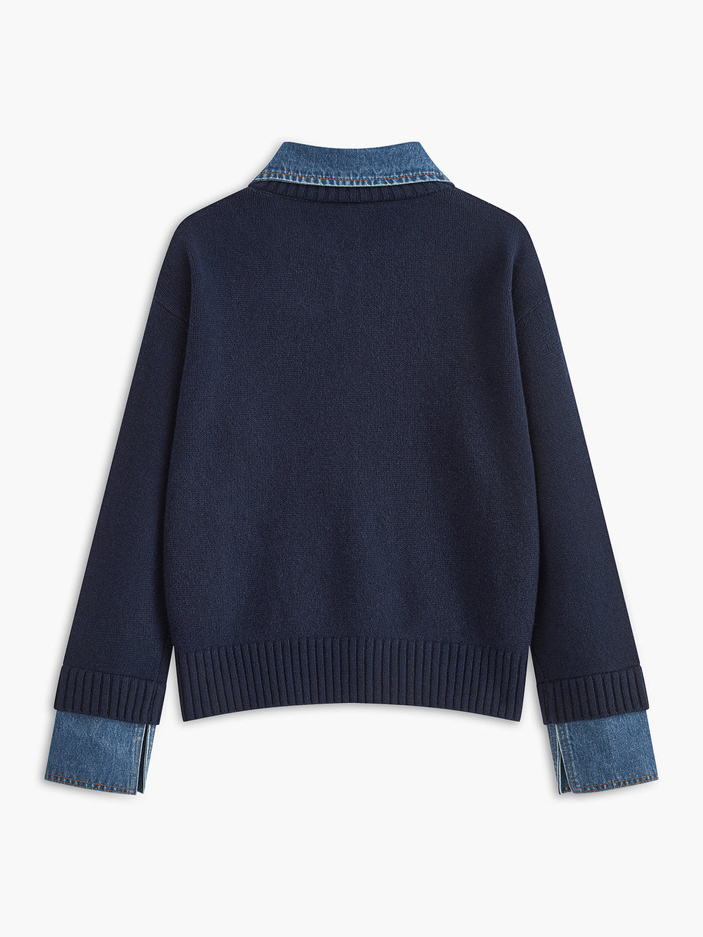 Close-up of contrasting collar detail on knit jumper