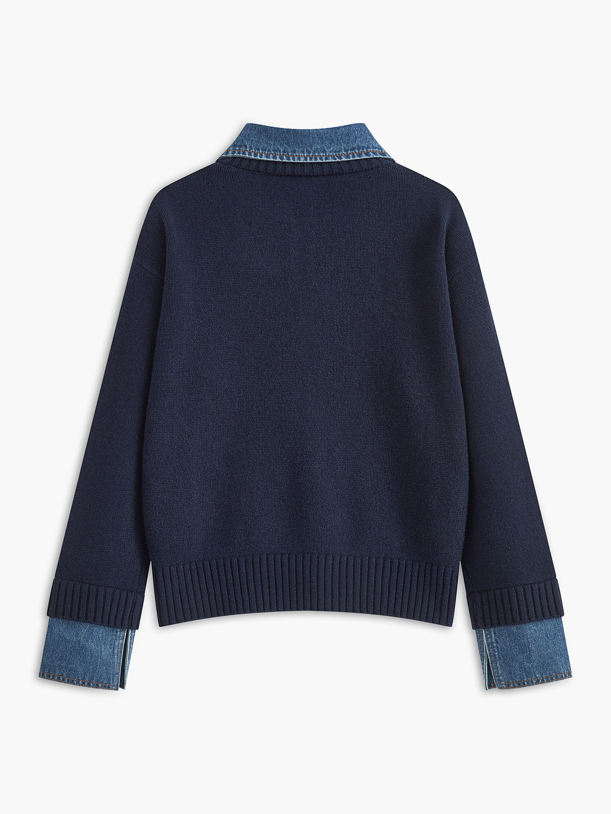 Close-up of contrasting collar detail on knit jumper