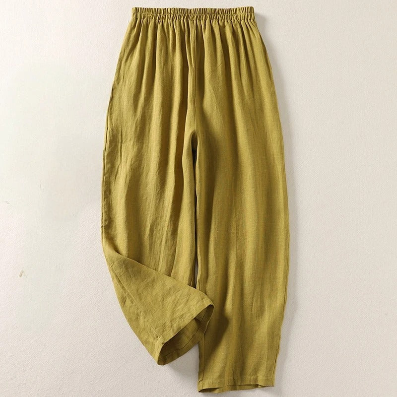 Side view of relaxed fit linen trousers
