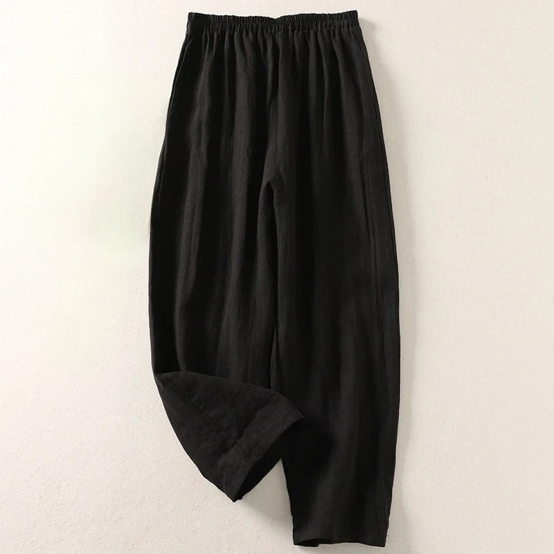 Back view of loose linen summer trousers