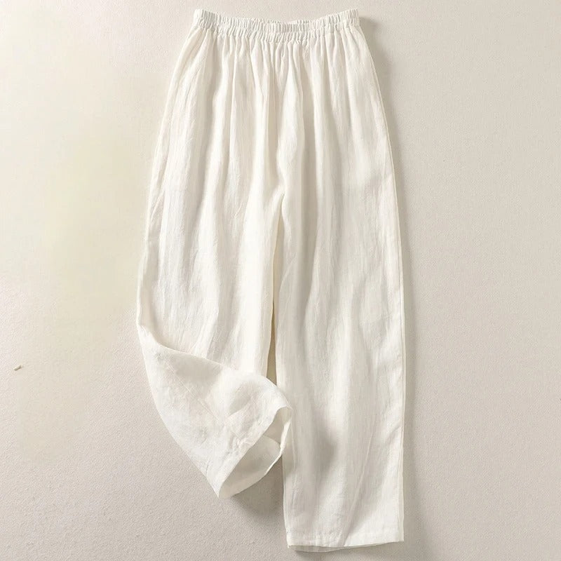 Linen trousers styled with a top